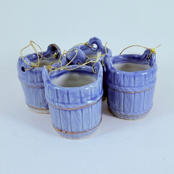 Vintage Blue Ceramic Bucket Ornaments Set of 4 – Mini 1" Hanging Pails - Picture 2 of 8